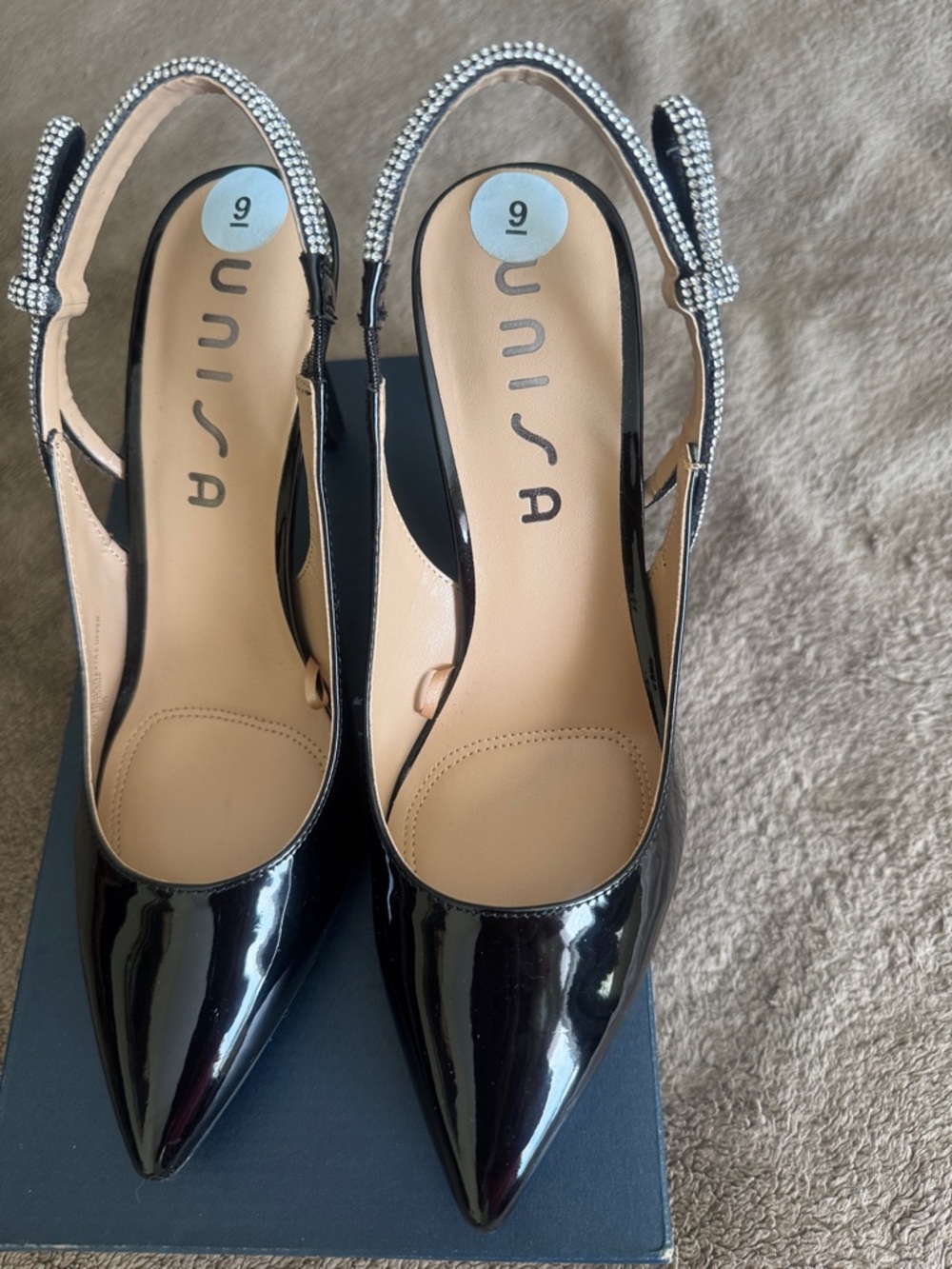 NWOT Unisa Black Patent Pointed Slingback Heels with Crystal Embellished Strap.